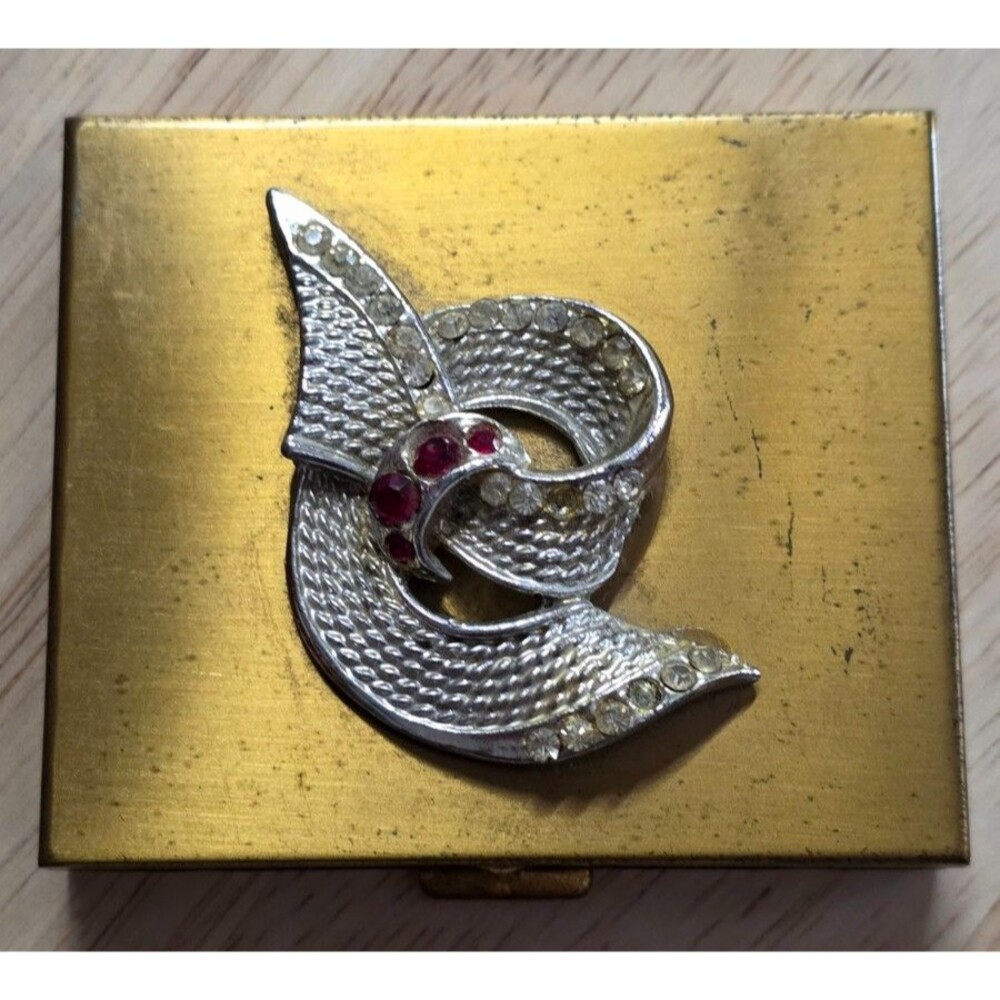 Vintage Dorset-Rex Makeup Powder Compact Mirror Metal with Gold, Silver, Garnets